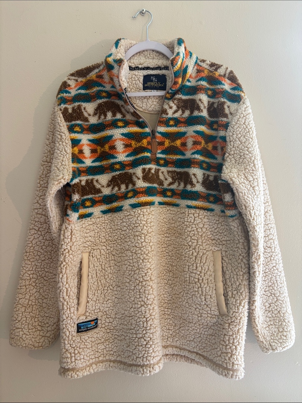 Simply Southern Cream Sherpa Jacket with Navy Logo Patch